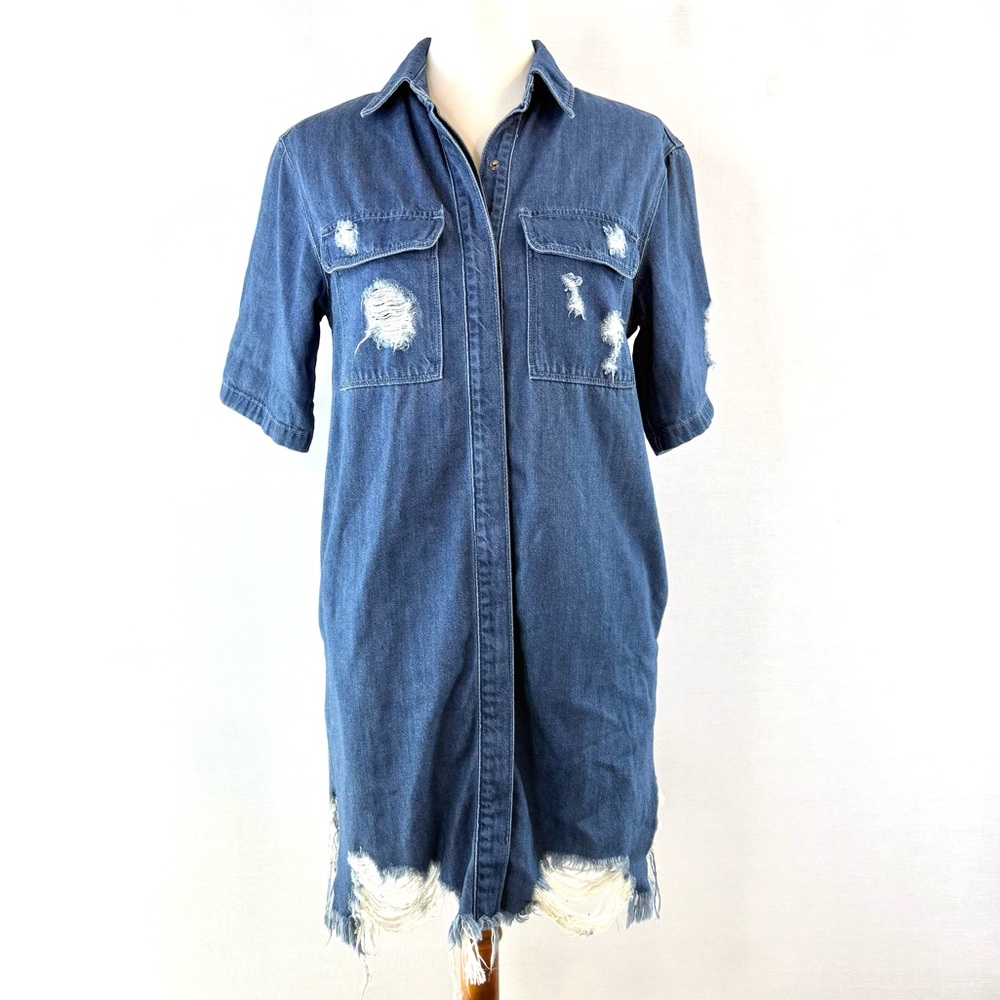Hidden Jeans Distressed Denim Short Sleeve Mini Shirt Dress with Pockets
